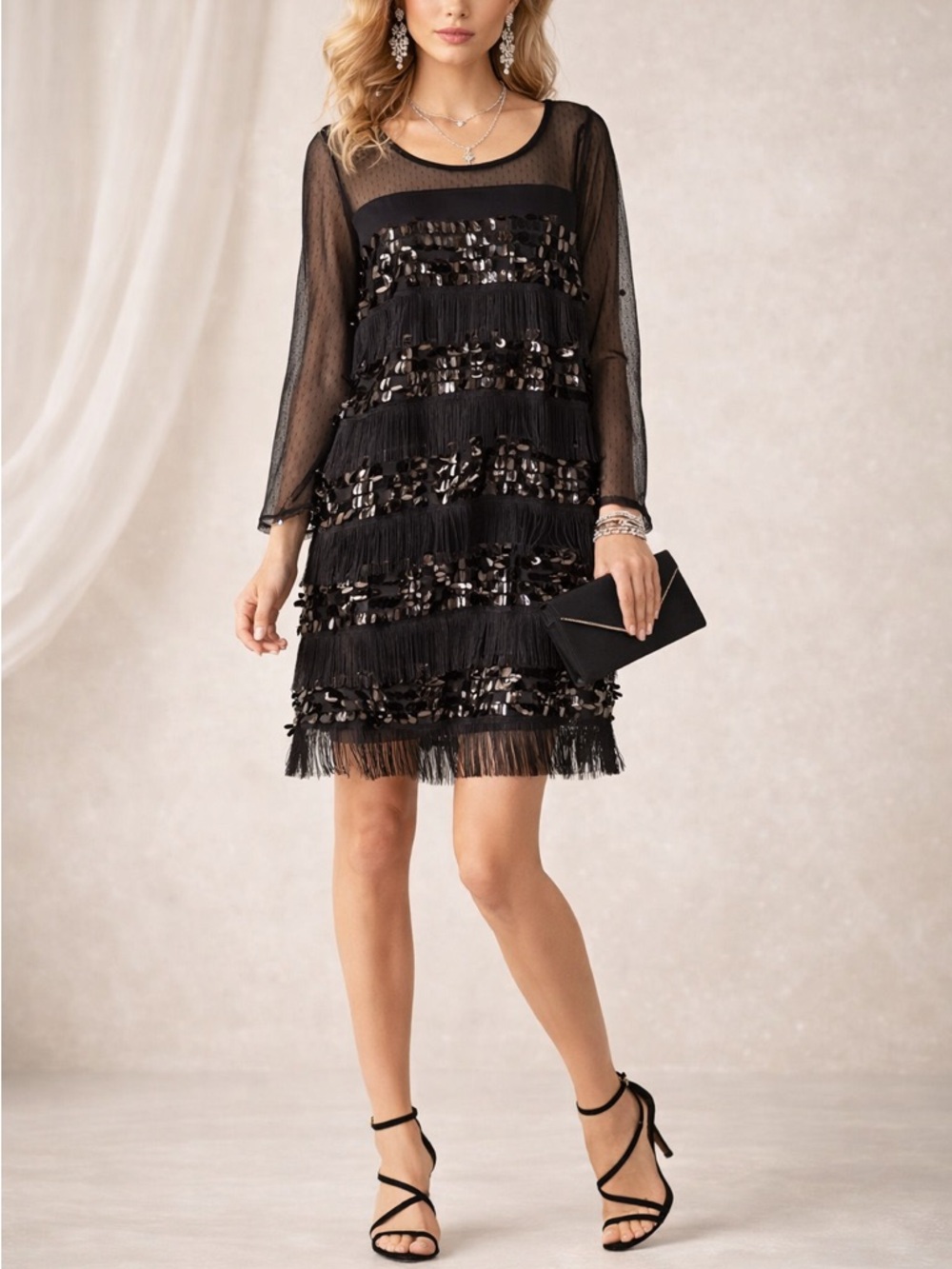 Junarose Black Sheer‎ Fringe & Sequin Long Sleeve Dress size L